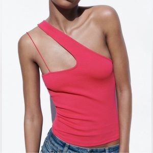 Zara Hot Pink Asymmetric One Shoulder Tank Top Size S